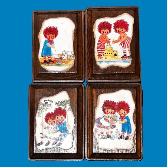 4 Vintage Raggedy Ann & Andy Wood Block Wall Hangings 2”x4” Decoupage B12 - Picture 7 of 7
